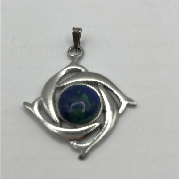 Vintage Kenneth Kantro Azurite Malachite Dolphin Pewter Pendant - Picture 4 of 9